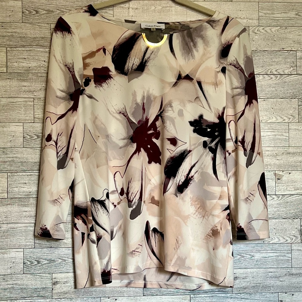 Calvin Klein Blouse Women’s-Small Long Sleeve Gold-Accent Bar Neck Floral Casual